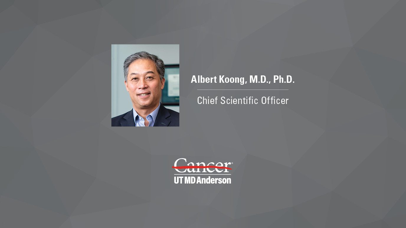 Graphic announcing Albert Koong, M.D., Ph.D. as new chief scientific officer