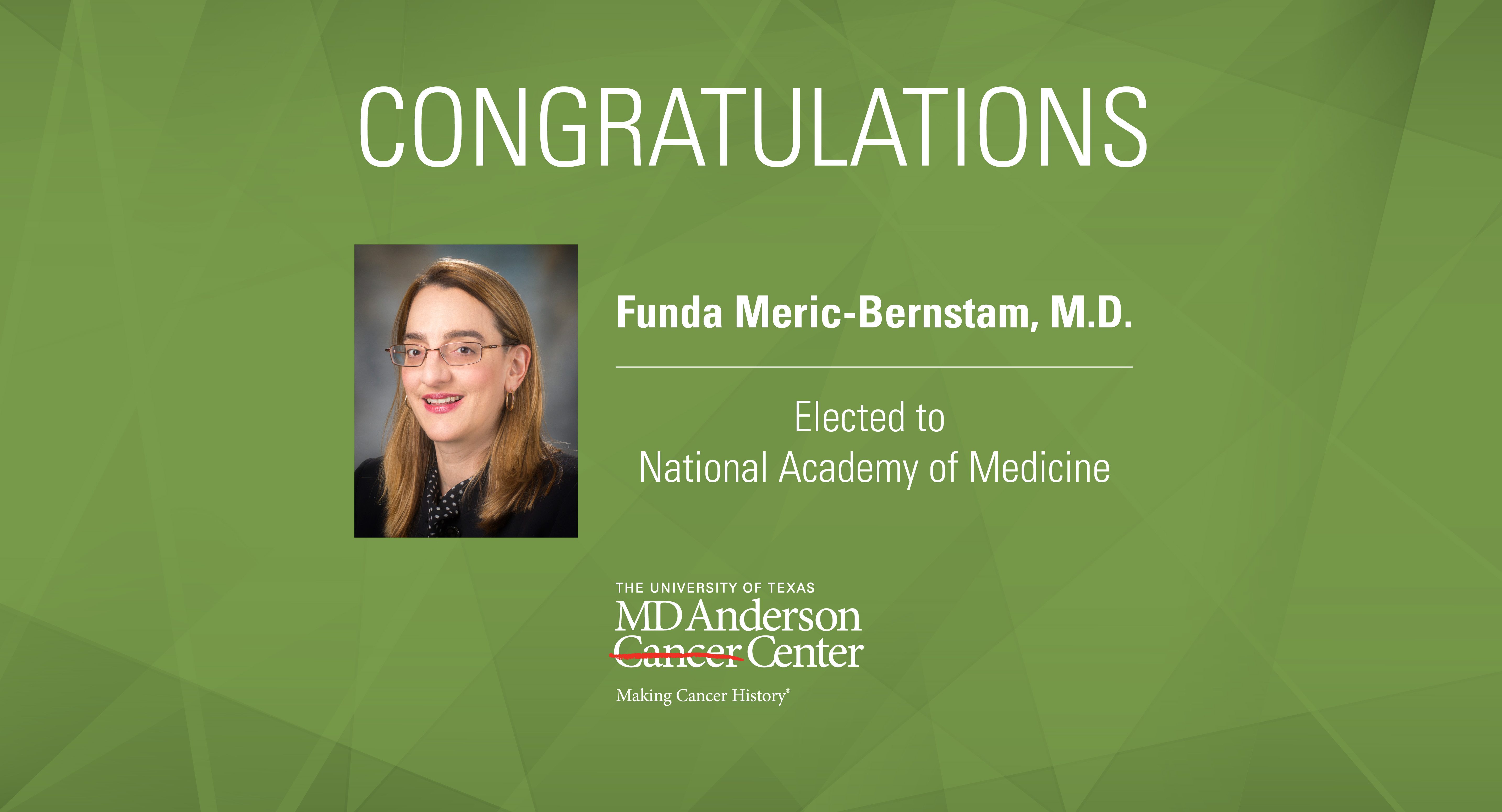 Card congratulating Funda Meric-Bernstam on being elected to the National Academy of Medicine