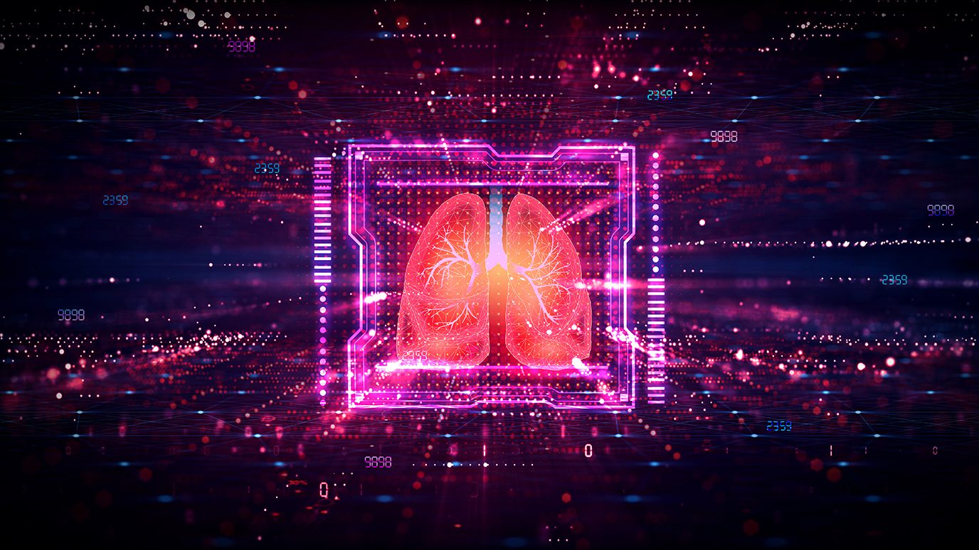3D rendering showing lungs as digital bits on a computer chip 