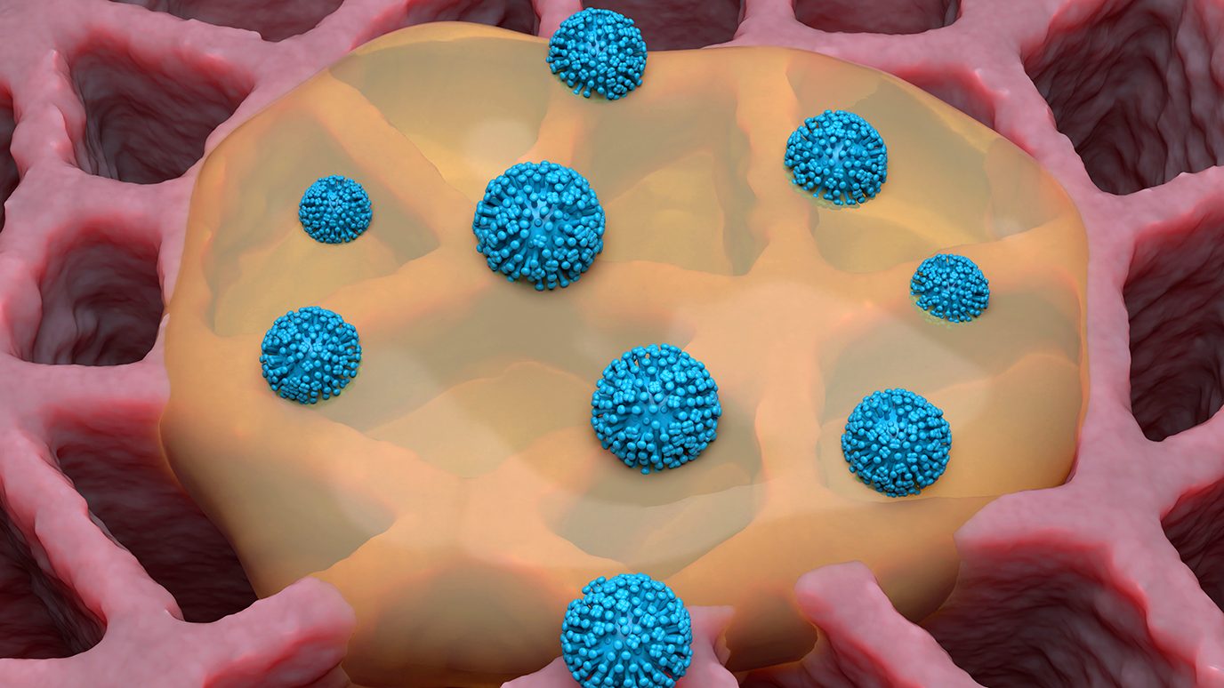 3D generated image of a flu virus captured by respiratory mucus
