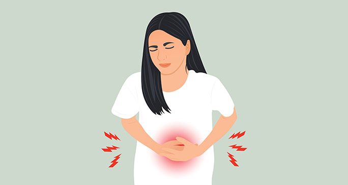 Illustrated woman holding her abdomen and grimacing