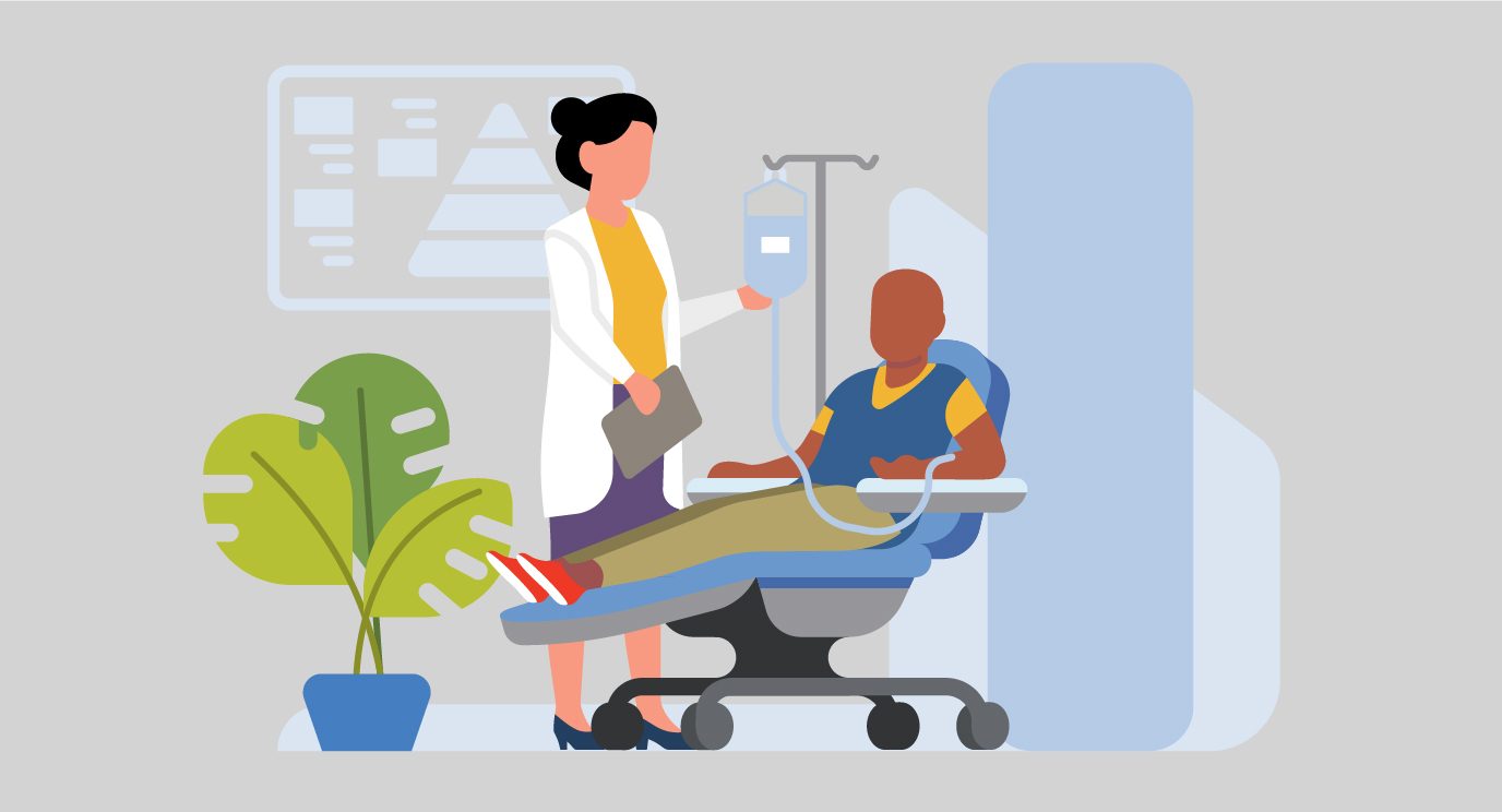 Illustration of a bald patient receiving chemotherapy