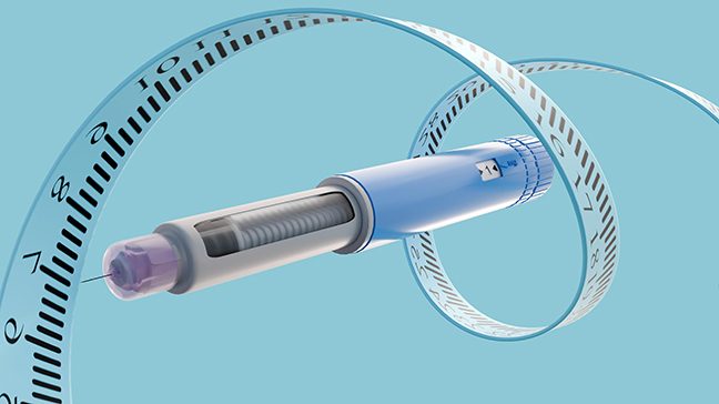 GLP-1 injector floating through a spiral tape measure