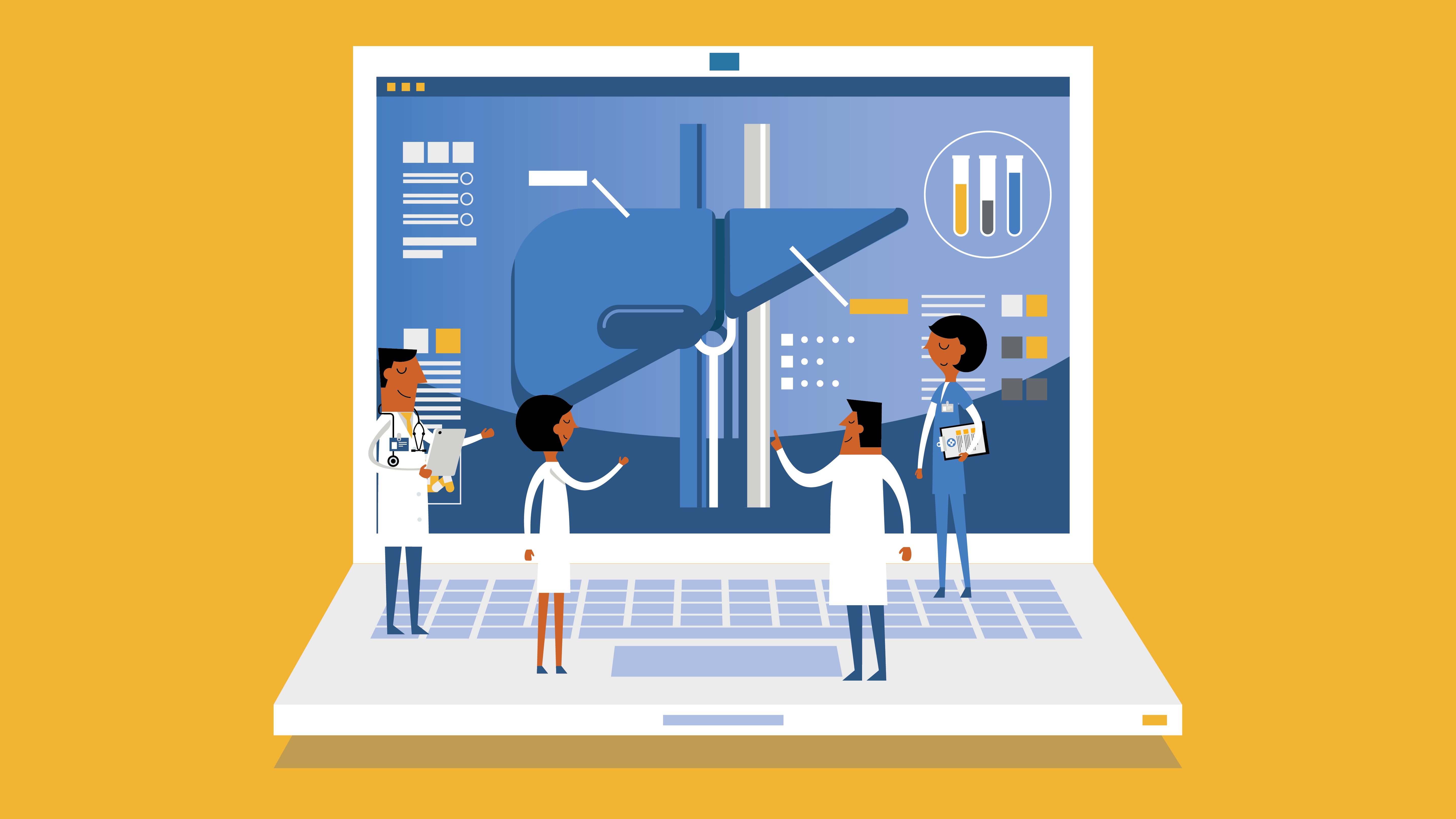 Illustration of various doctors examining a liver on a computer screen