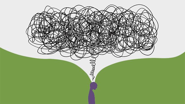 Silhouette of a person with a web of squiggly lines above their head