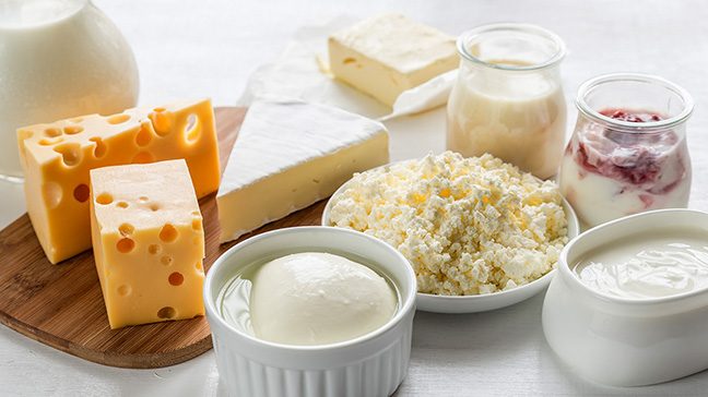 Dairy products including milk, swiss cheese, mozzarella, butter and yogurt with fruit on a white countertop.