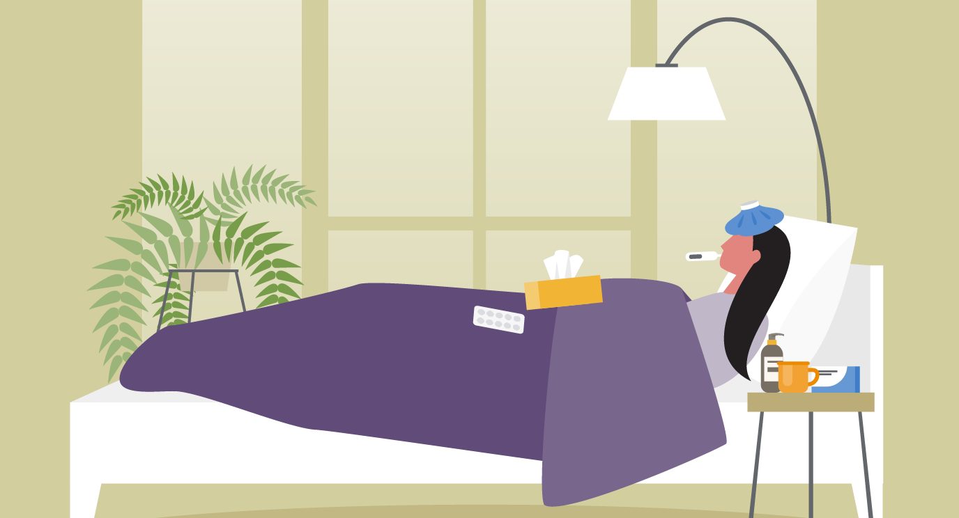 Illustration of person with long black hair tucked in purple bed with ice pack on head, thermometer in mouth and tissue box at the ready