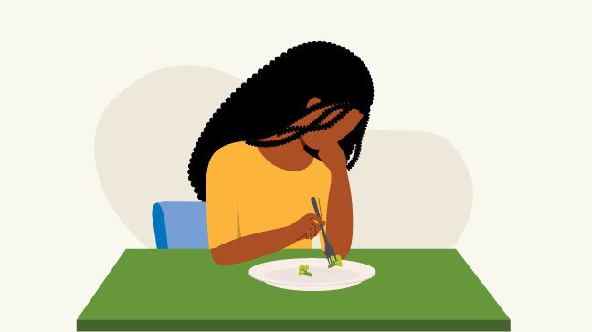 Illustration of disinterested woman pushing food around her plate