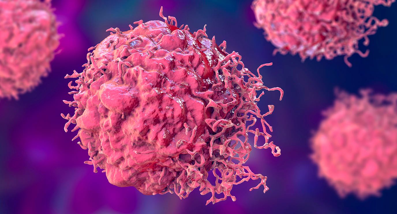 Illustration of pink cancer cells float in in a purple backdrop