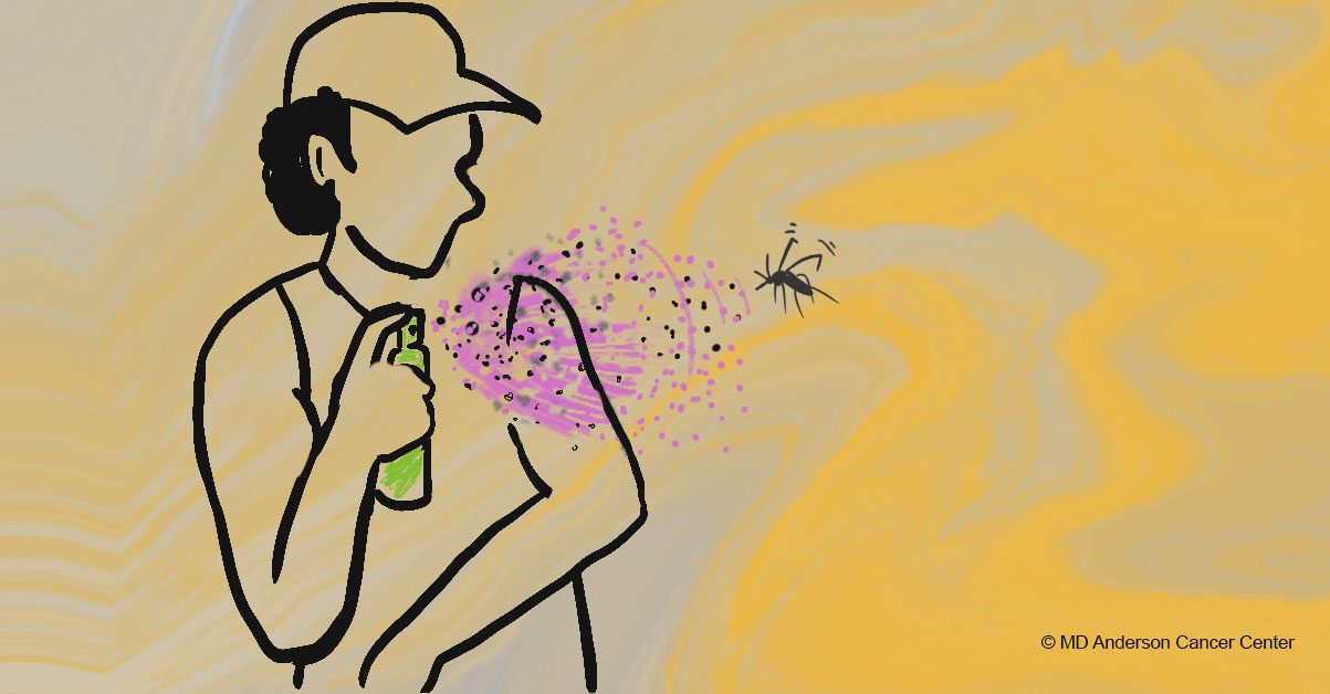 illustration show someone spraying on bug spray to stop a mosquito