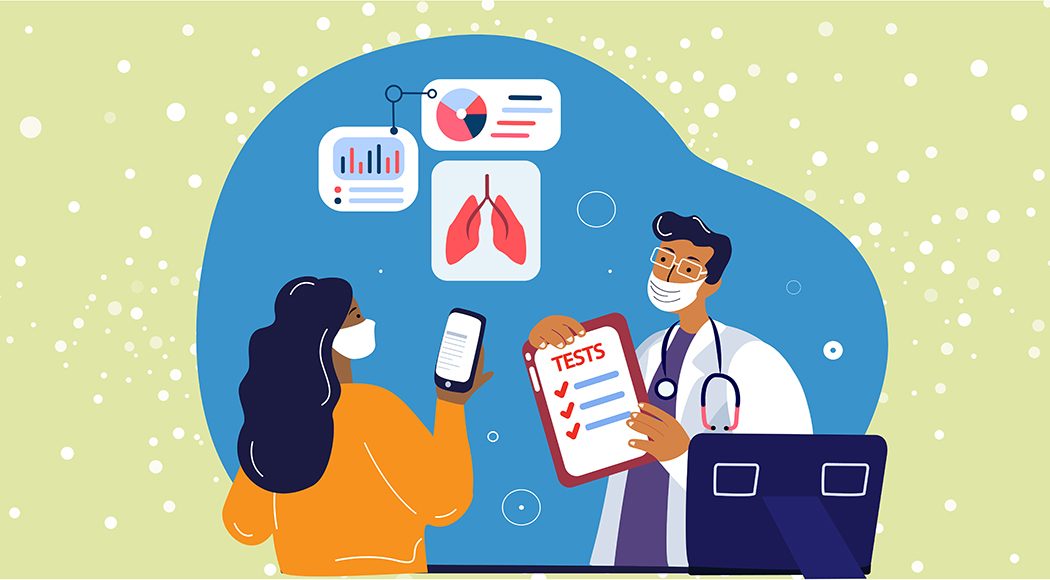 Illustration of doctor informing lung cancer patient about her tumor's molecular profile