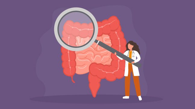 Graphic image of a doctor with a magnifying glass next to a colon