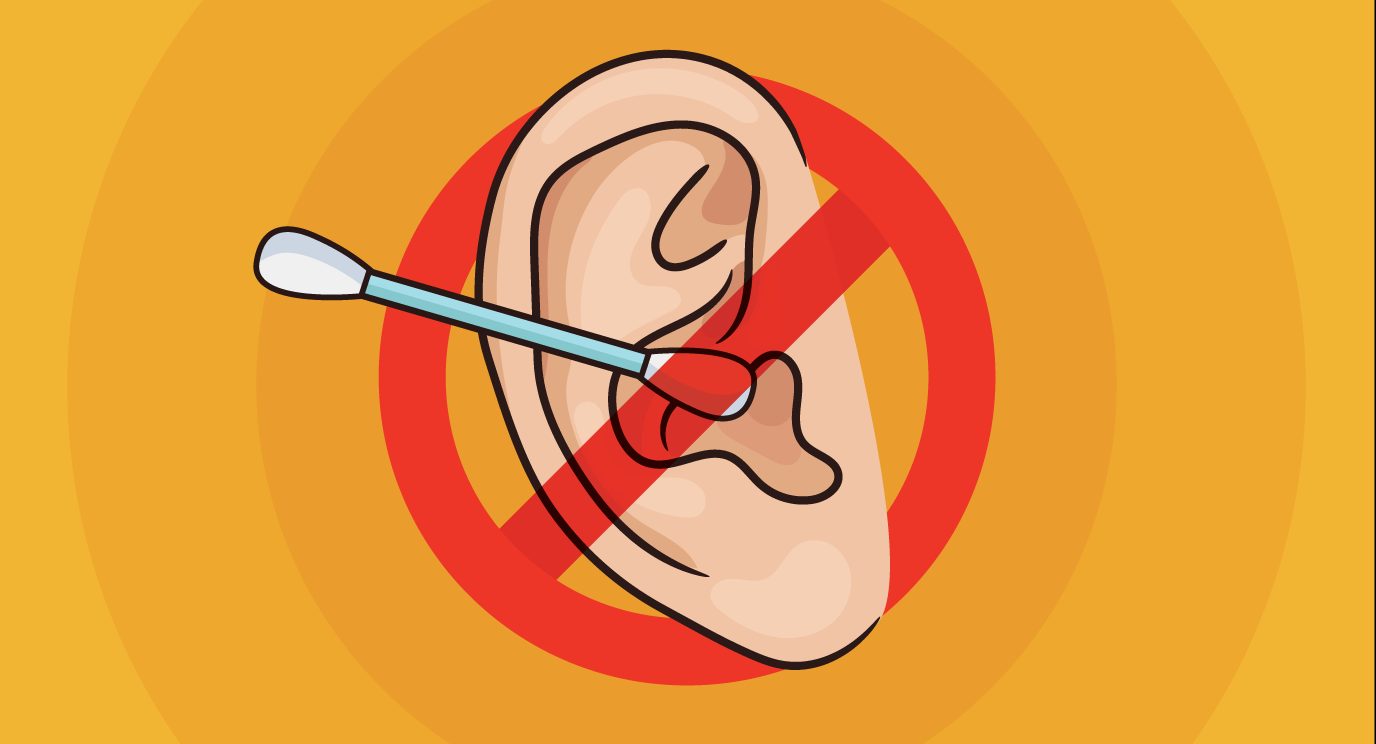 Graphic of a cotton swab in the ear with a prohibition icon over the ear.