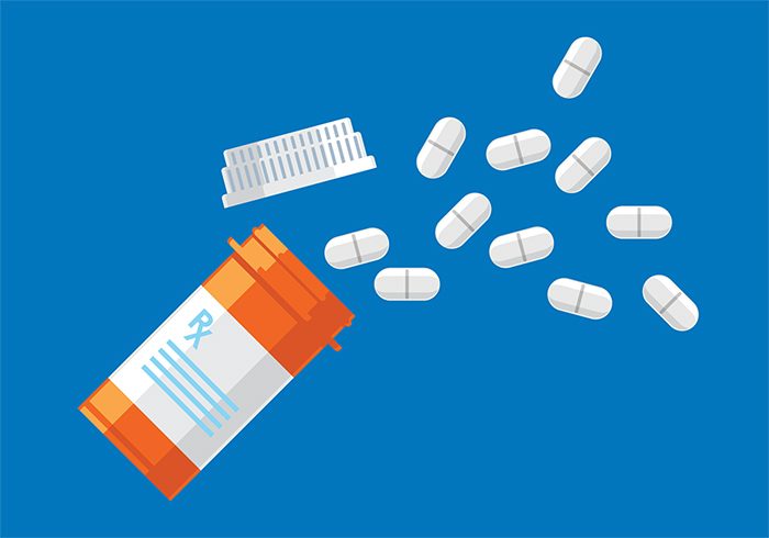 illustration with medicine bottle on blue background with pills falling out