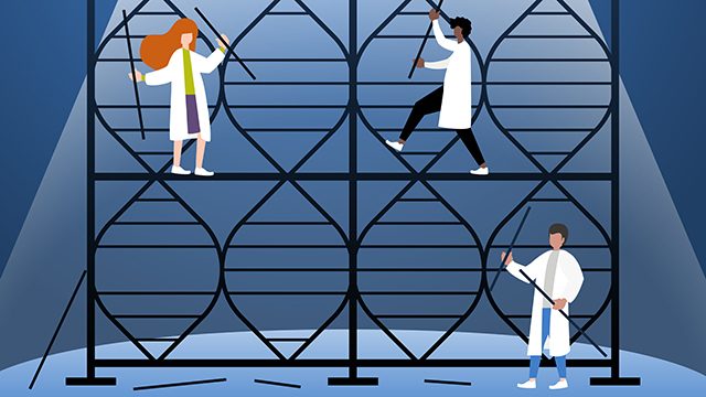 Tiny doctors in lab coats pull apart a scaffold made of DNA helixes