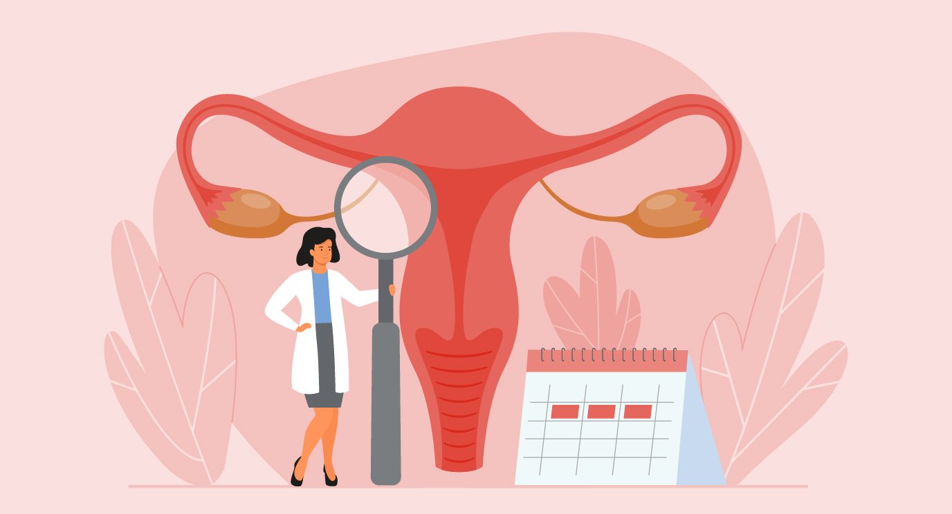 Illustration of tiny doctor next to oversize anatomical drawing of female reproductive tract