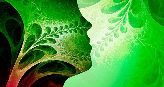 Abstract drawing of head silhouette with fractal green shapes by nose