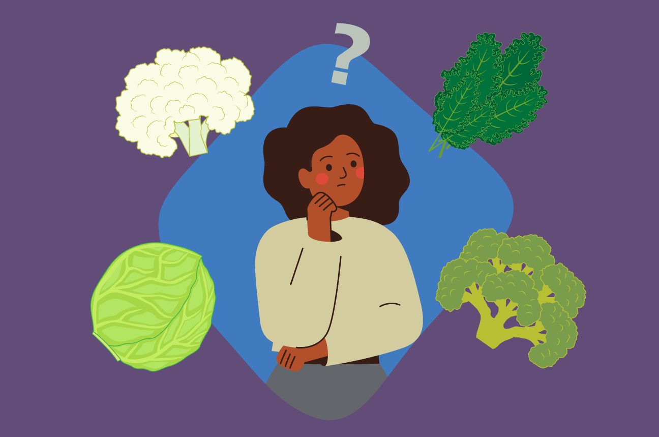 A confused woman contemplates cruciferous vegetables