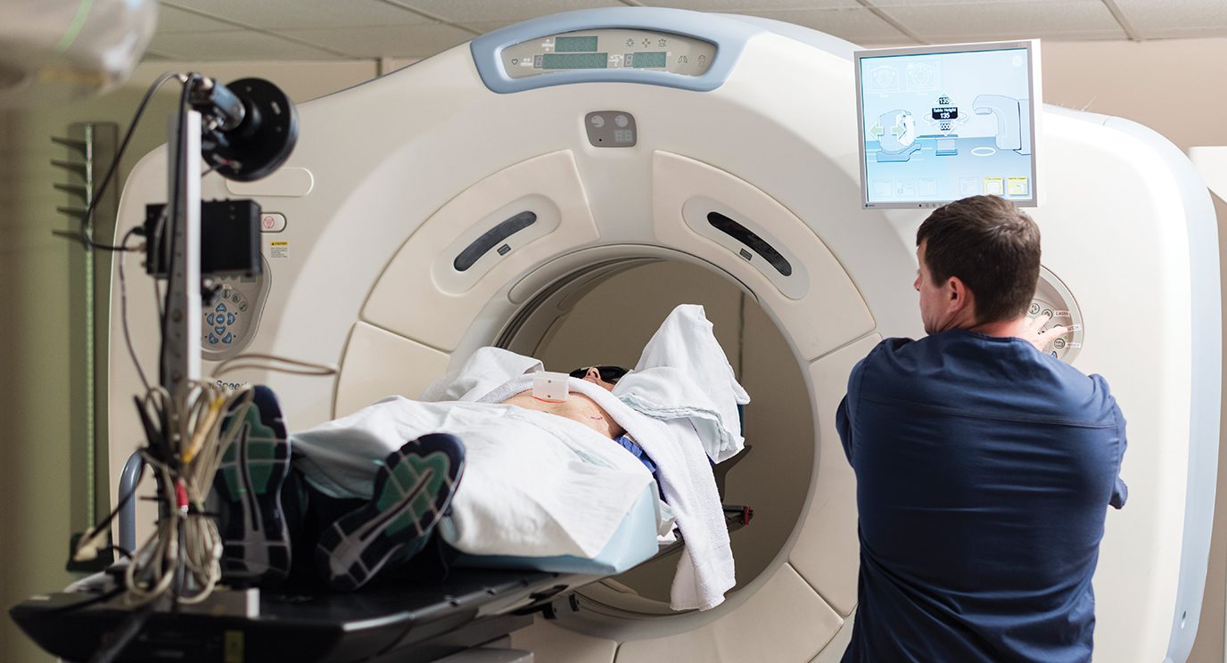 Patient going into a radiation machine for stereotactic body radiation therapy